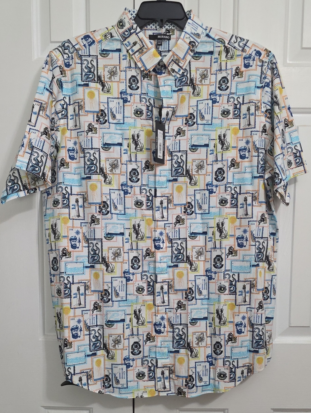 Murano Tall Man 2XT NWT Nautical Stamp Lighthouse Maritime Postcard Print Shirt